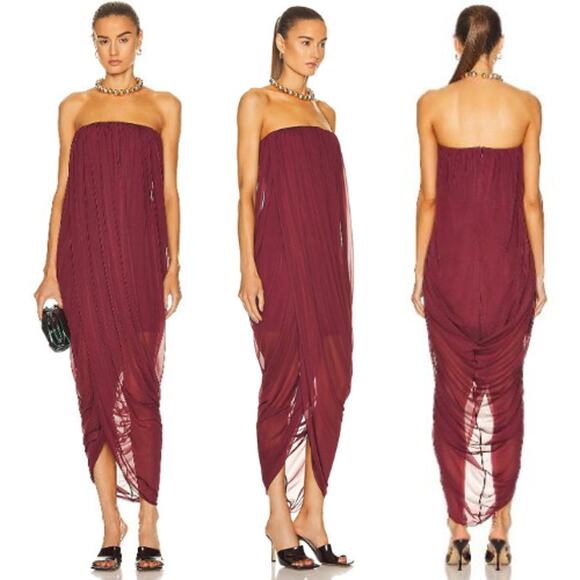 Burberry | Violet Dress in Deep Mulberry Strapless Draped Midi 0 w/ Tags - Picture 2 of 16